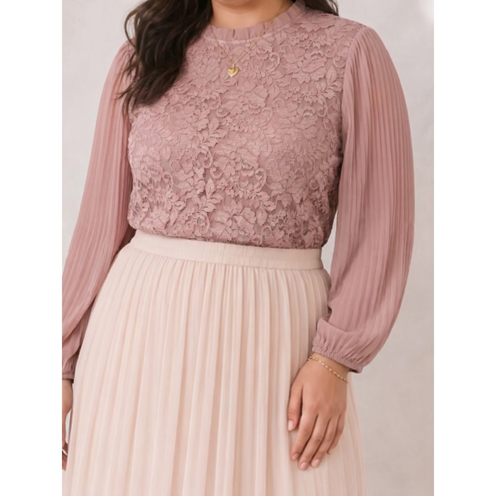 Cable & Gauge Mauve Lace Pleated Sleeve Mock Neck Blouse XL Romantic